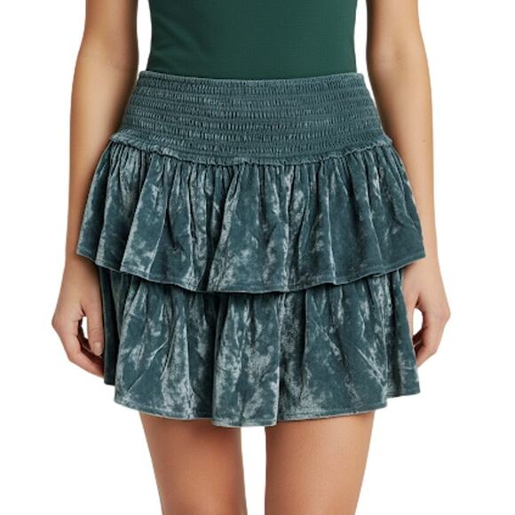 aerie Dresses & Skirts - Aerie Frills N’ Thrills Velvet Smocked Tiered Mini Skirt Green NWT Size Large